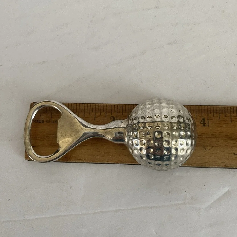 Vtg Silver Tone Golf Ball Shaped Bottle Opener Heavy‎ 3.5